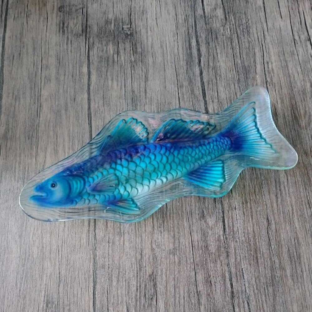 Blue Glass Fish Decorative Serving Dish, Coastal Centerpiece Platter, 18" Tray - Picture 8 of 9